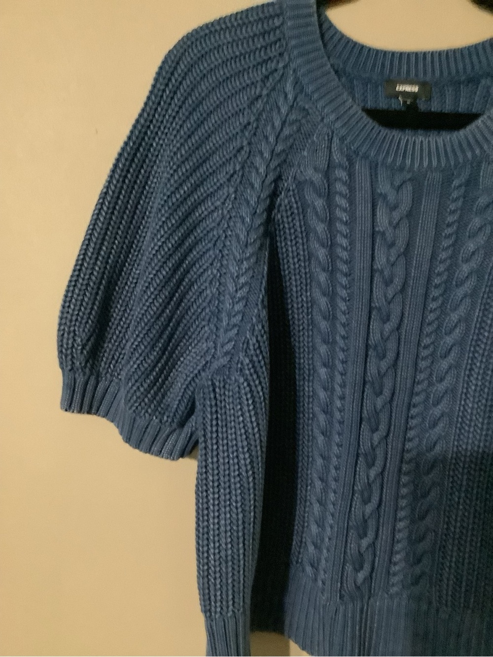 Express Blue Cable-Knit Short Sleeve Crewneck Sweater